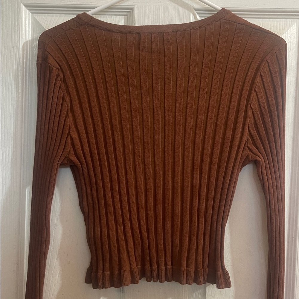 Brown Ribbed V-Neck Sweater - Picture 5 of 6